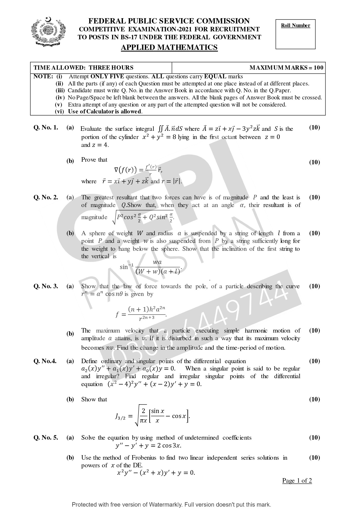 CSS Past Papers Applied Mathematics 2021 - CEPI Pakistan