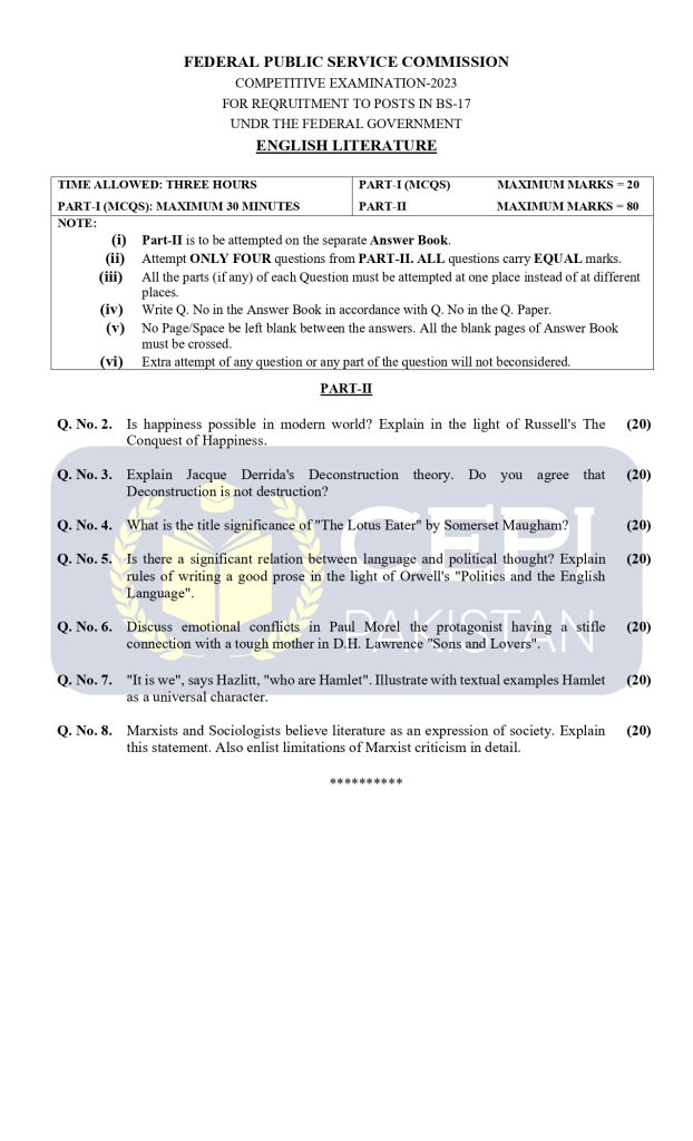 Cepi Css CSS Past Papers English Literature 2023 - CEPI Pakistan