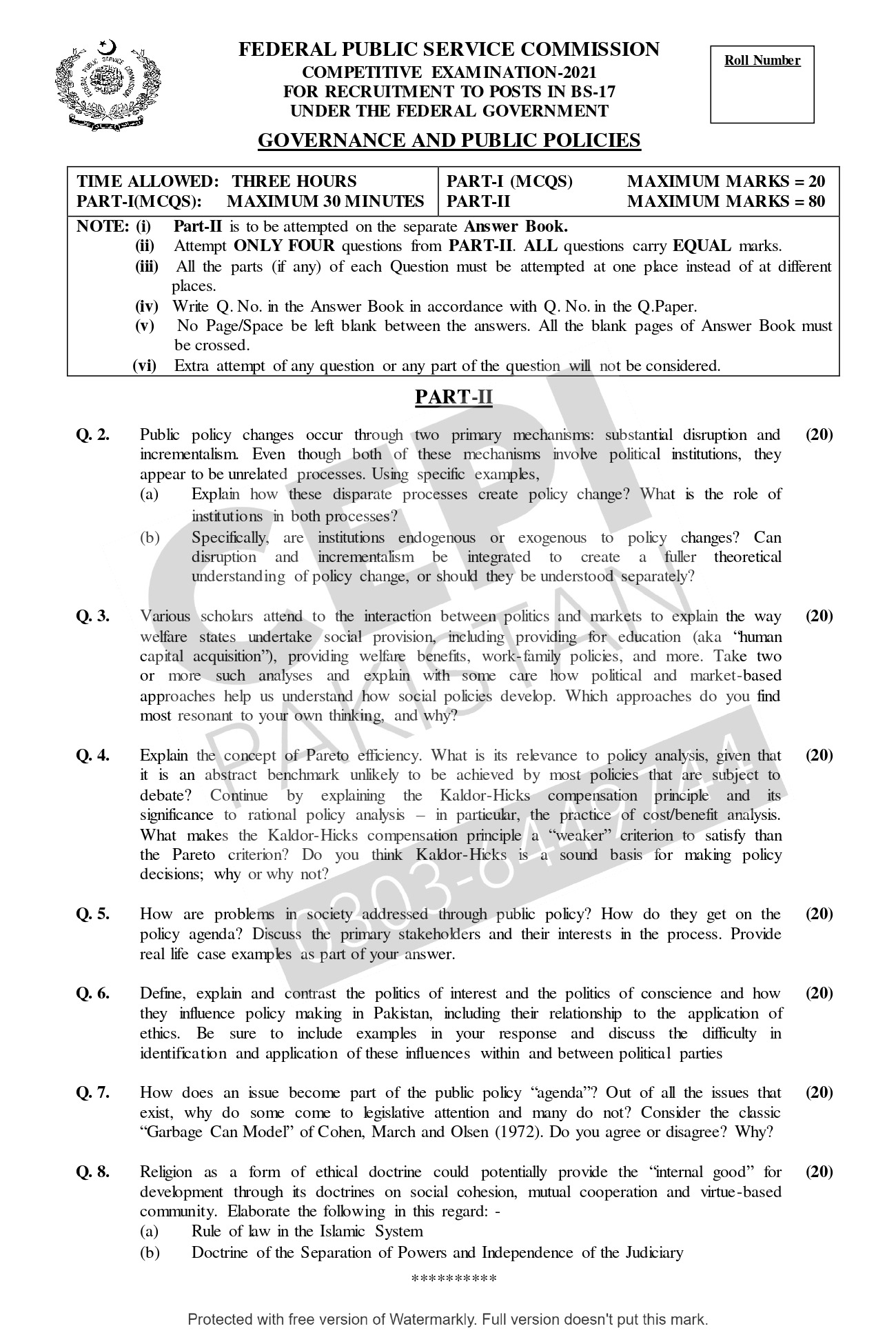 CSS Past Papers Governance & Public Policies 2021 - CEPI Pakistan